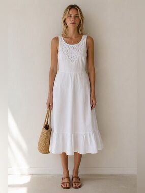 Talbots | White Embroidered Cotton Midi Dress | Size 8